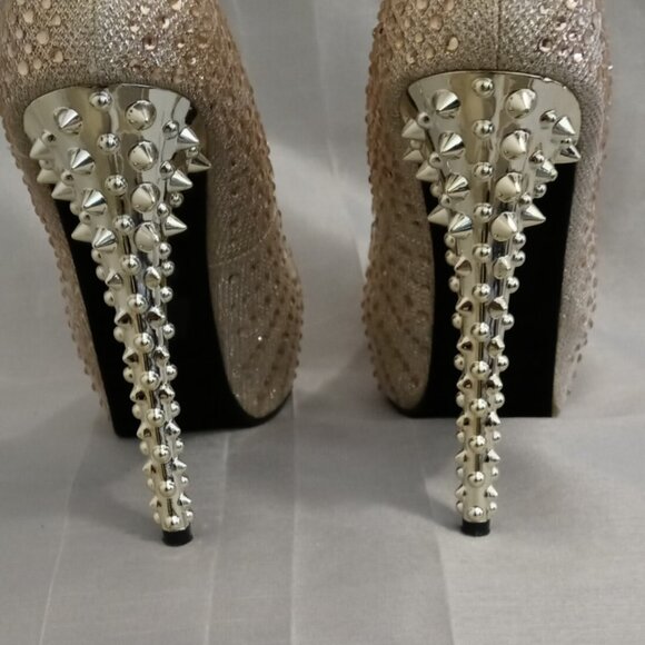 Champagne Rose Rhinestone Gold Spiked Heel 5 1/2in Platform Stiletto - Picture 10 of 12